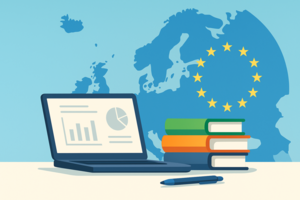Illustration eines Arbeitsplatzes mit Laptop, Büchern und EU-Symbol im Hintergrund