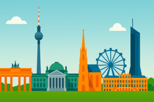 Skylines von Berlin und Wien bei Tag, mit Brandenburger Tor, Riesenrad, Stephansdom, Reichstag und Fernsehturm © 2025 Glibatree Art Designer / OpenAI – KI-generierte Illustration (DALL·E 3) Skylines von Berlin und Wien bei Tag, mit Brandenburger Tor, Riesenrad, Stephansdom, Reichstag und Fernsehturm