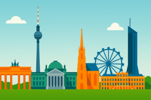 Skylines von Berlin und Wien bei Tag, mit Brandenburger Tor, Riesenrad, Stephansdom, Reichstag und Fernsehturm